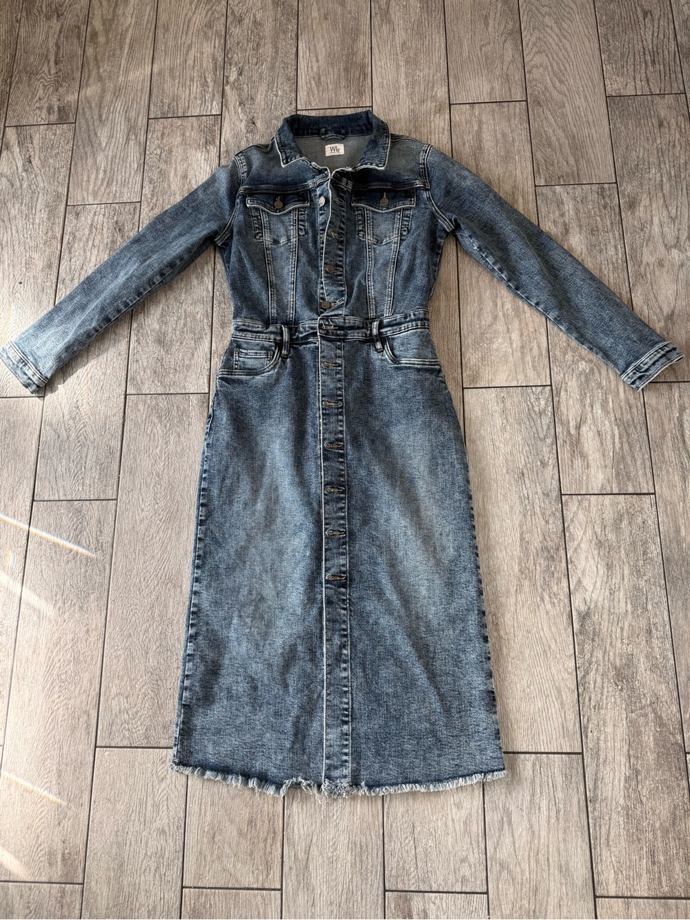 Washed Blue Denim Midi Shirt Dress with Long Sleeves
